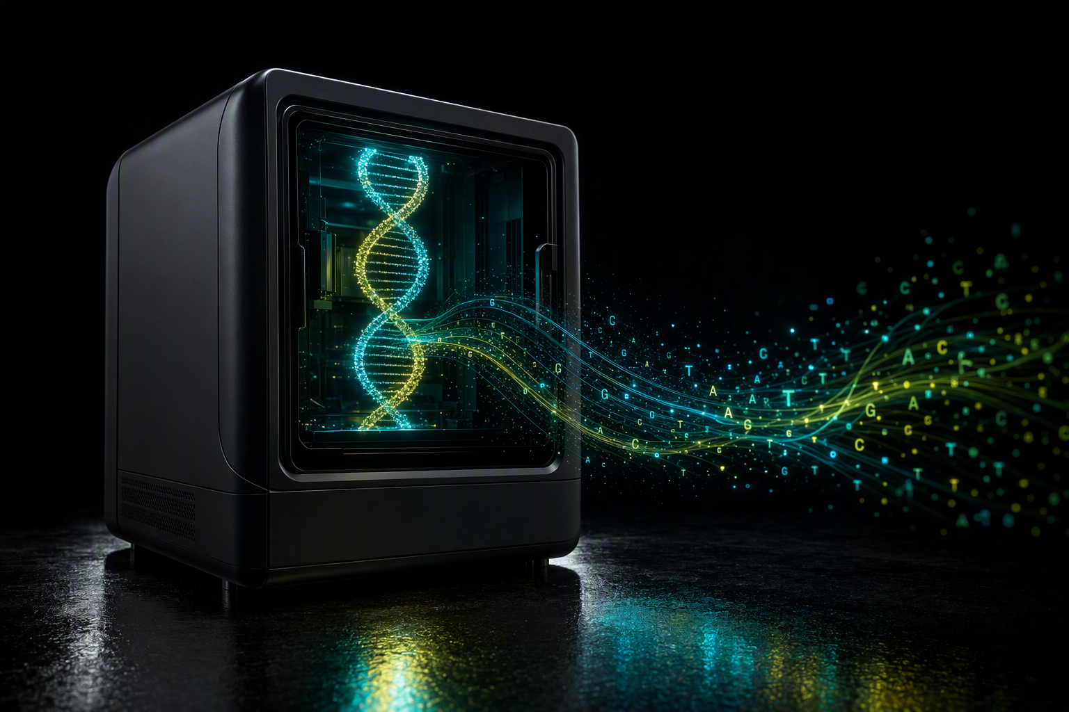 A benchtop sequencer reading DNA into a stream of data